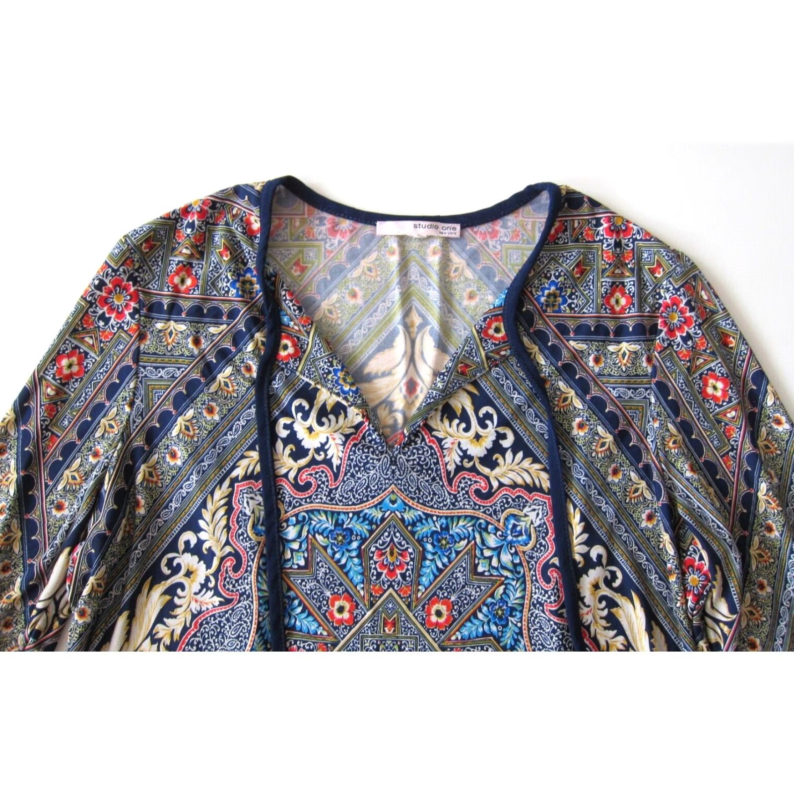 Vintage VINTAGE Studio One New York Blue Floral Paisley Long Sleeve Shift Tunic Dress Petite L Size L / US 10 / IT 46 - 3 Thumbnail