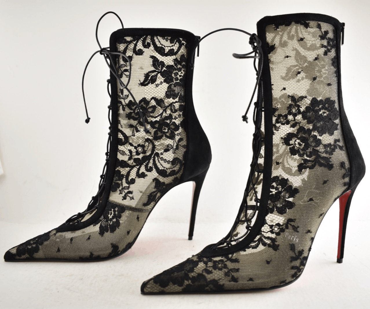 Christian Louboutin KM Lace Booty 100 Black Mesh Lace Up Ankle Heel Bootie 40 Size US 10 / IT 40 - 14 Thumbnail