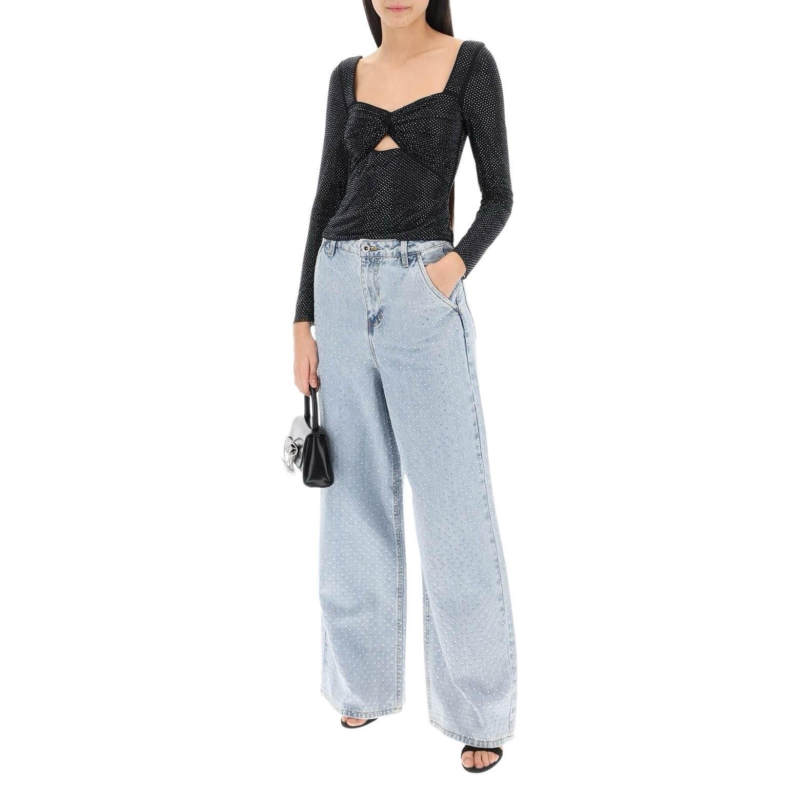 Self-Portrait NWT Self-Portrait Blue Rhinestone Wide-Leg Jeans Size 27 Size 27" / US 4 / IT 40 - 4 Thumbnail