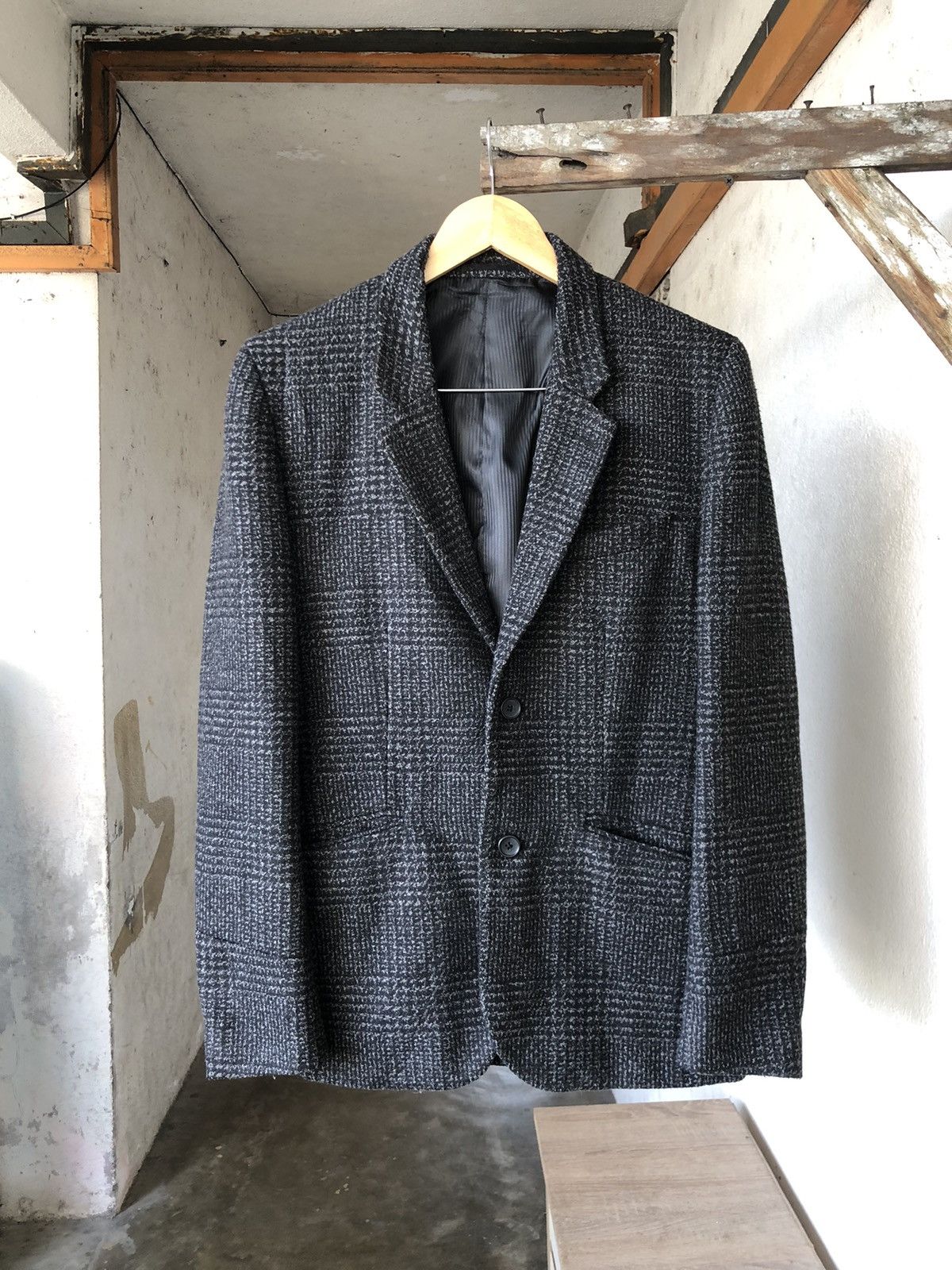 Japanese Brand Vtg Uniqlo Tweed Gingham Dark Grey Single Breasted Blazer Size US L / EU 52-54 / 3 - 3 Thumbnail