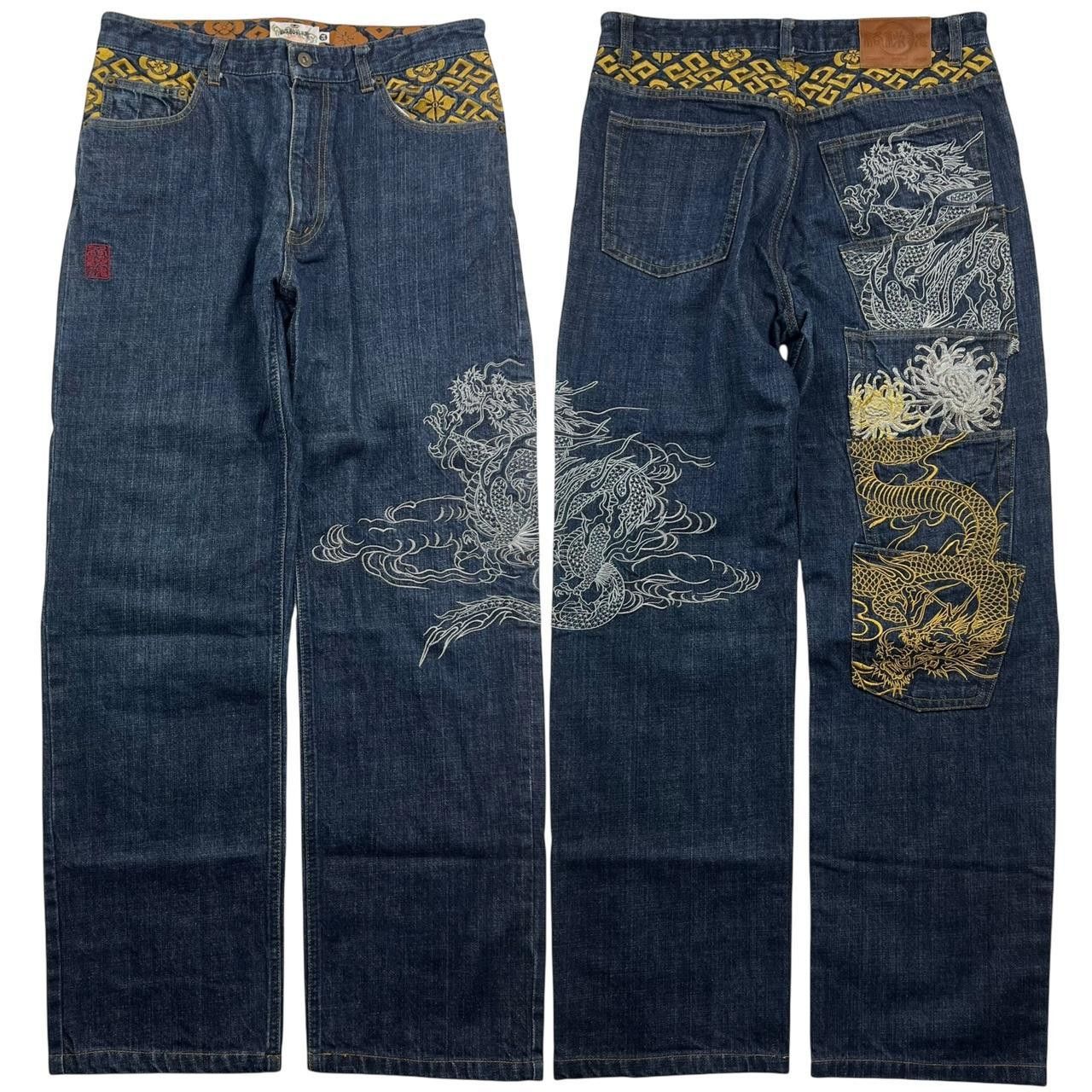 Karakuri Tamashii Vintage Karakuri Embroidered Dragon Japanese Jeans Waist 33 Size US 33 - 1 Thumbnail