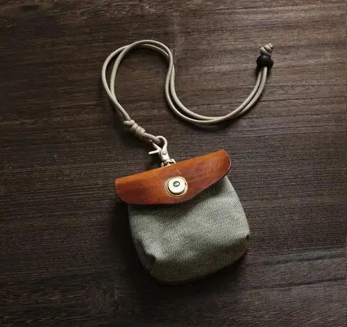 Genuine Leather × Japanese Brand Handmade Small Canvas Leather Coin Pouch Bag With Lanyard Size ONE SIZE - 2 Thumbnail