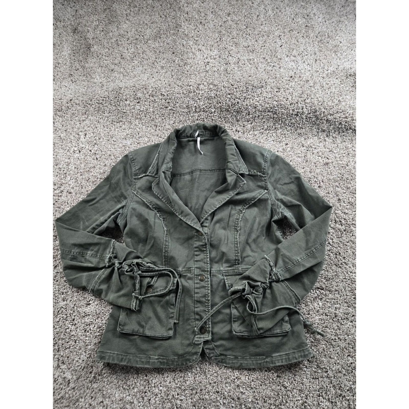 Free People Free People Jacket Womens S Green Military Ruffle Peplum Twill Button Front Size S / US 4 / IT 40 - 2 Thumbnail