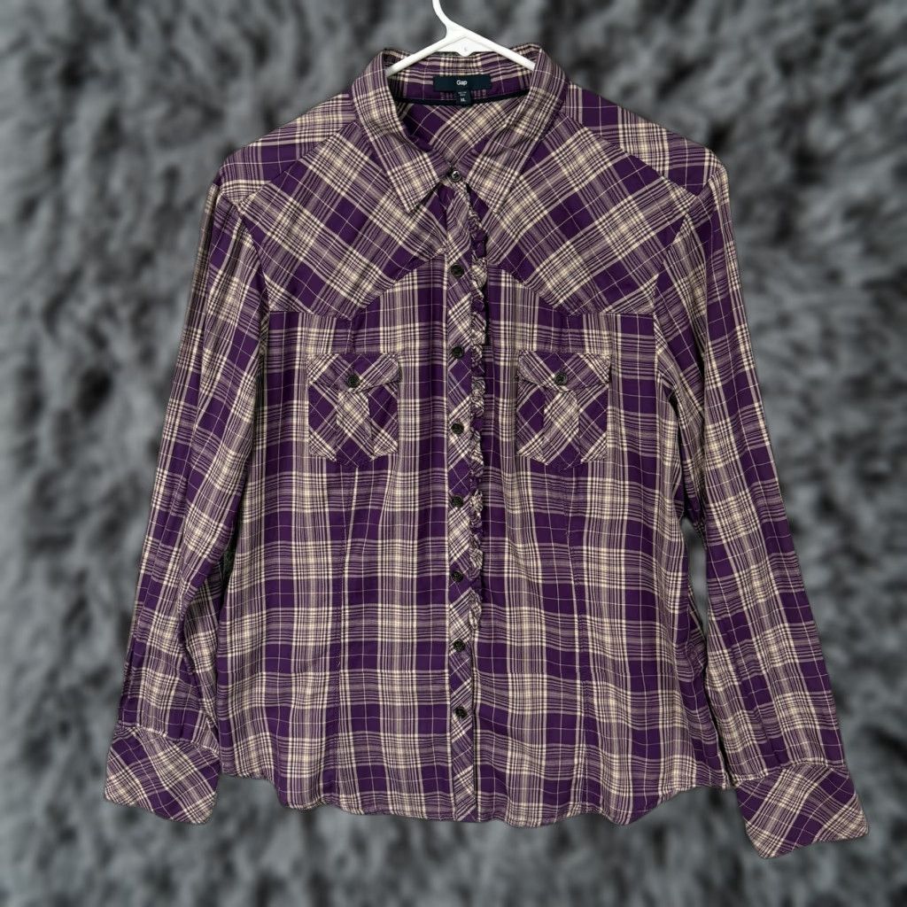 Gap VINTAGE Gap Shirt XL Purple Plaid Western Cowgirl Ruffle 90s Casual Womens Size XL / US 12-14 / IT 48-50 - 1 Thumbnail