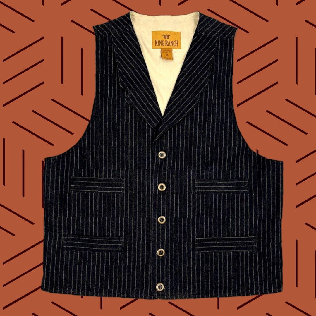 Denime VINTAGE King Ranch Waistcoat Vest Mens M Blue Pinstripe Denim Cowboy Western Frontier Coat Size US M / EU 48-50 / 2 - 1 Thumbnail