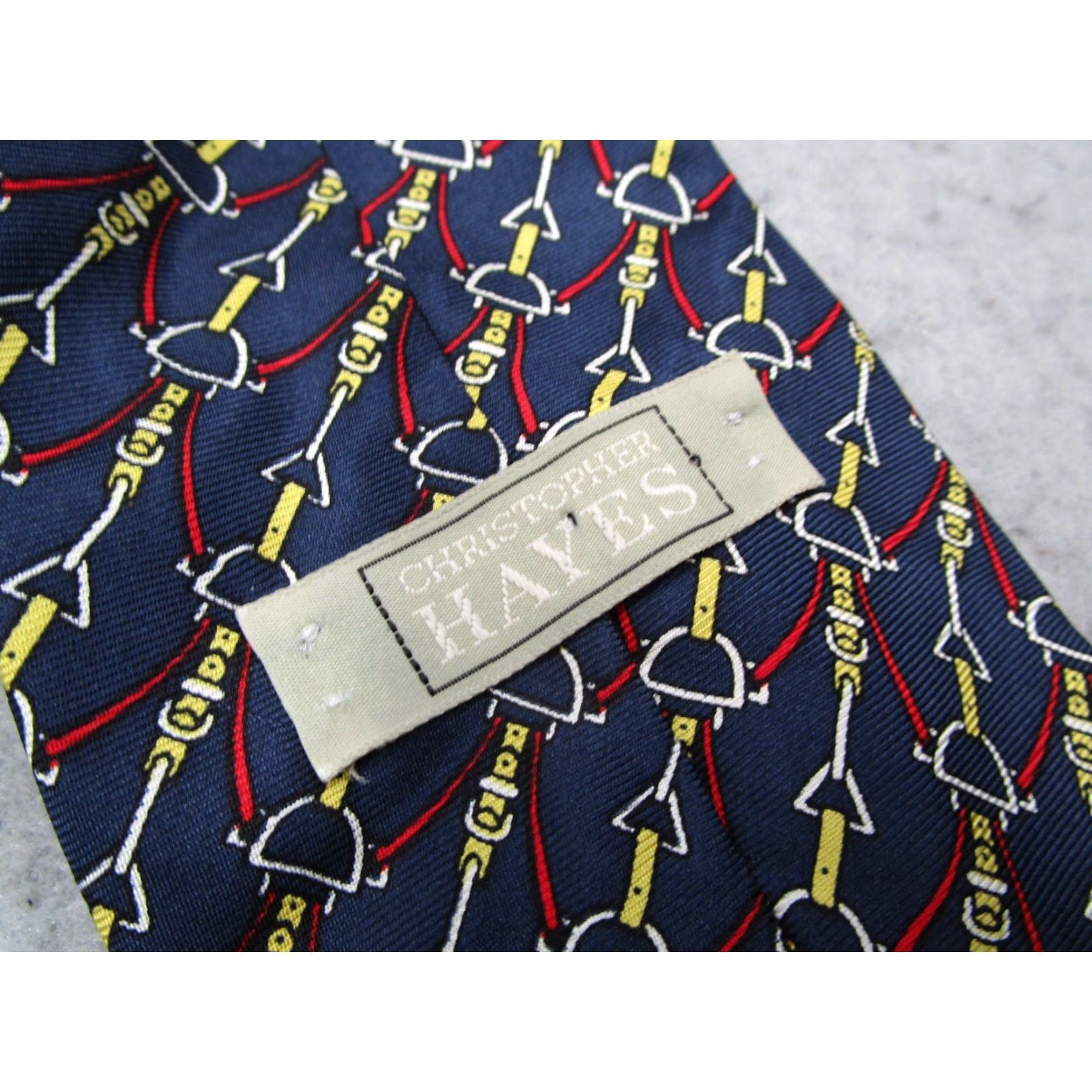 Vintage VINTAGE Christopher Hayes Men's Blue Silk Necktie Geometric Equestrian Horse Bit Made in USA 57"-60" Classic 1 Size Navy Mens Silk Tie Size ONE SIZE - 3 Thumbnail