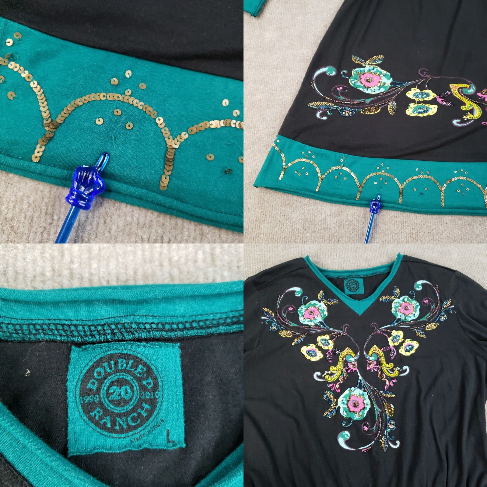 Doublet Double D Ranch Dress Womens Large Black Embroidered Embellished Beaded Sequin Floral V-Neck Knit Cotton Spandex Cowgirl Western Bohemian Size L / US 10 / IT 46 - 8 Thumbnail