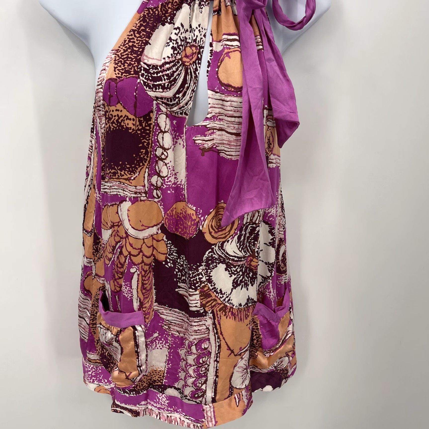 Vintage Hale Bob Silk Blouse Top Women XS Pink Floral Sleeveless Halter Tie Bohemian Retro Pockets Size XS / US 0-2 / IT 36-38 - 3 Thumbnail