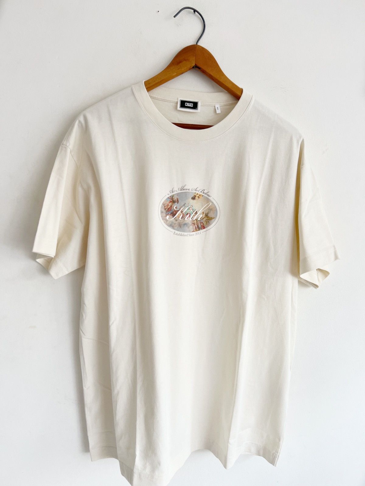 image of Kith Angelic Script Logo Tee in Beige, Men's (Size Medium)