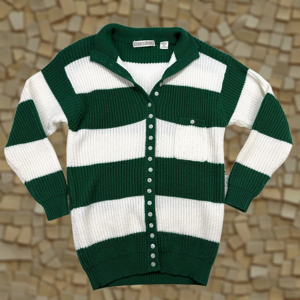 Vintage VINTAGE Joan Harper Cardigan Sweater Womens M Button Green Striped Knit Heavyweight Size M / US 6-8 / IT 42-44 - 1 Thumbnail