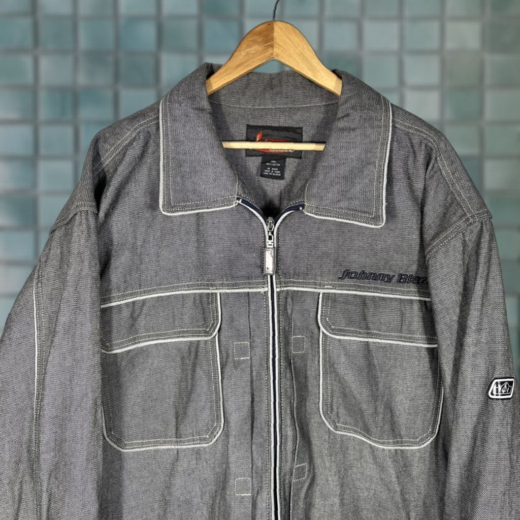 Denime VINTAGE Johnny Blaze Denim Jacket Mens 2XL Black Hip Hop Skater Coat Mid-Length Full Zip Pockets Logo Size US 39 - 1 Thumbnail
