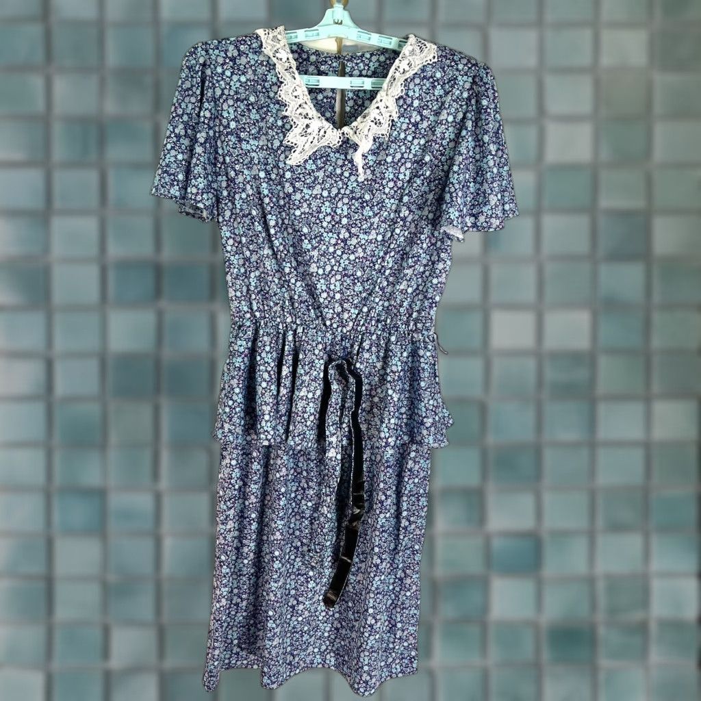 Vintage VINTAGE Whirlaway Drop Waist Floral Pleated Peplum Dress 12P Blue Flutter Size XL / US 12-14 / IT 48-50 - 1 Thumbnail