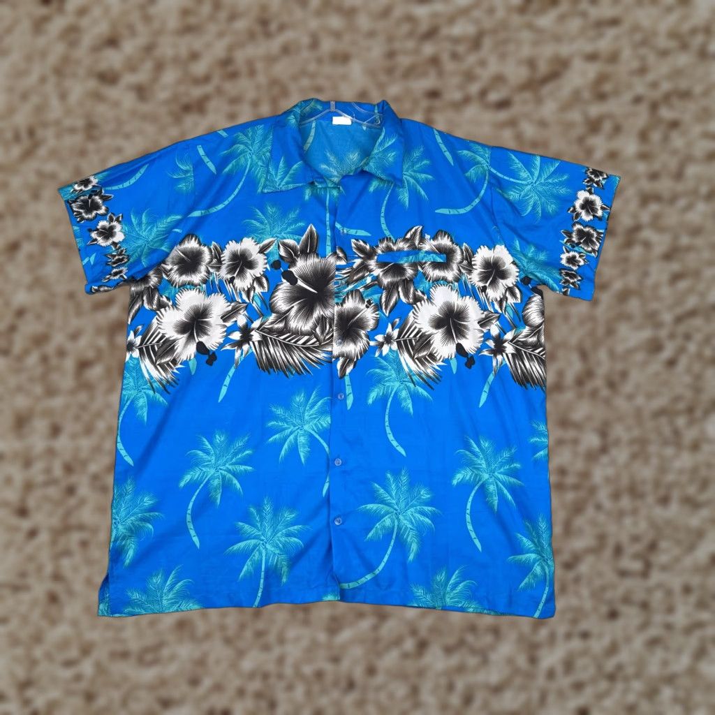 King Kameha Shirt Men 2XL Blue Floral Palm Tree Hawaiian Polyester Button Up