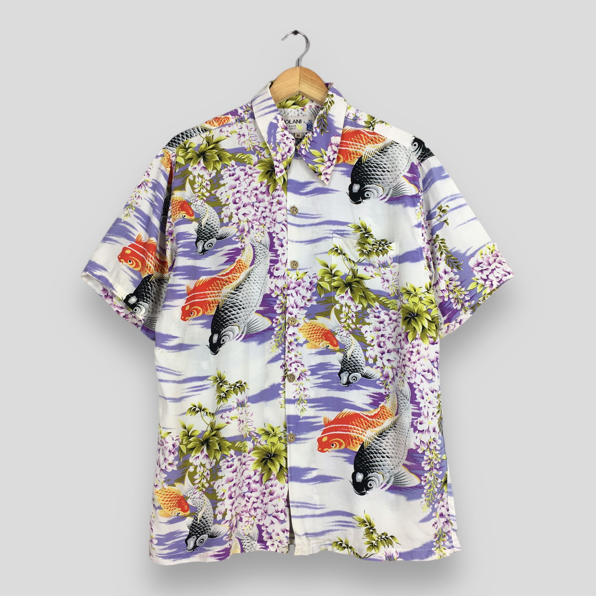 image of Hawaiian Shirt x Iolani Vintage Iolani Hawaiian Patina Japanese Koi Fish Rayon Shirt (Size Medium)