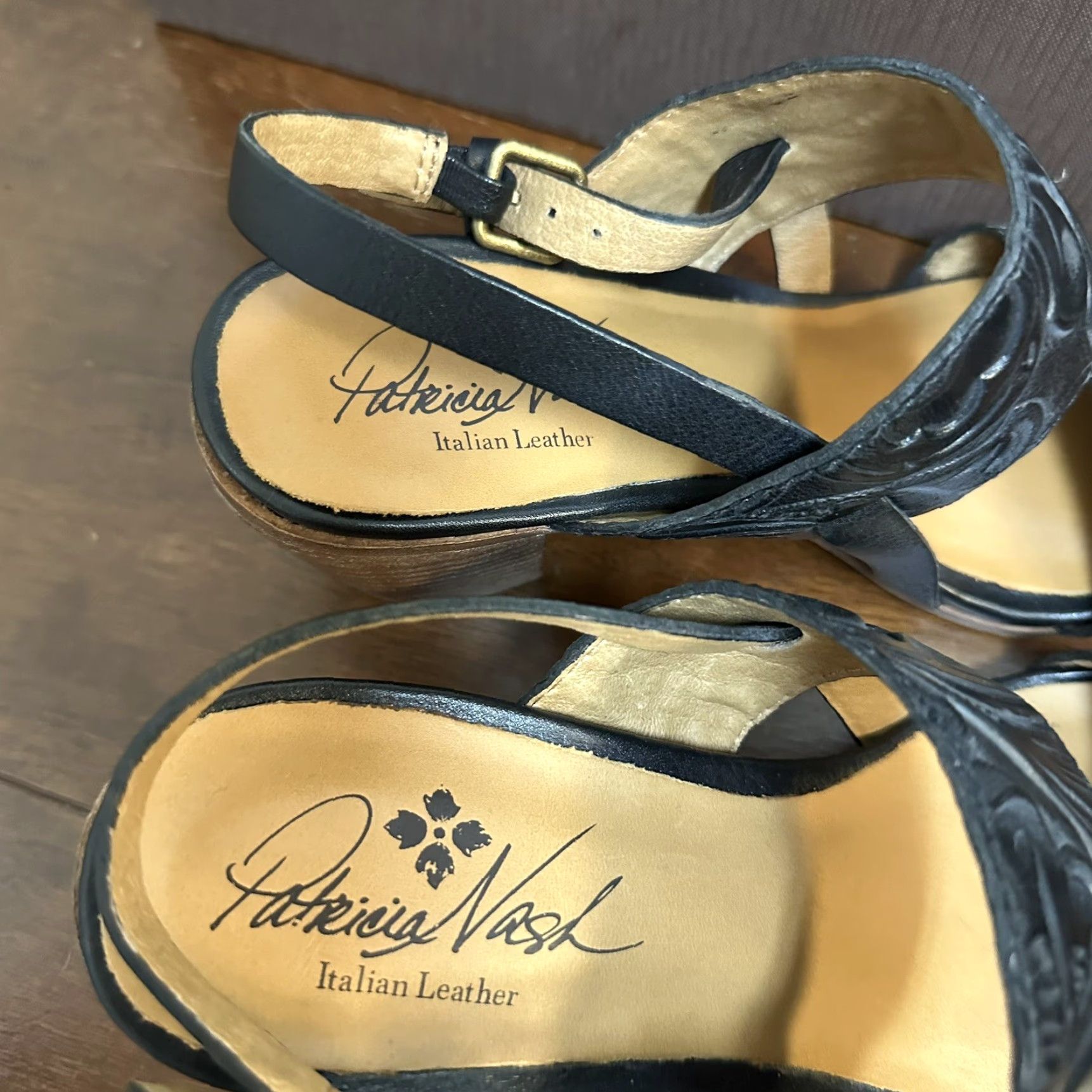 Patricia Nash Romana Italian Tooled Leather Block Heeled Sandals Size US 7 Womens Sandal Black Leather Block Heel Slingback 7 Italian Floral Theme