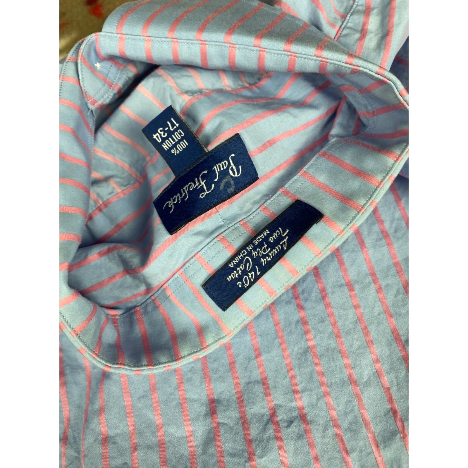 Vintage Paul Fredrick Dress Shirt Mens 17-34 Blue Pink Stripes Size 46R - 8 Thumbnail