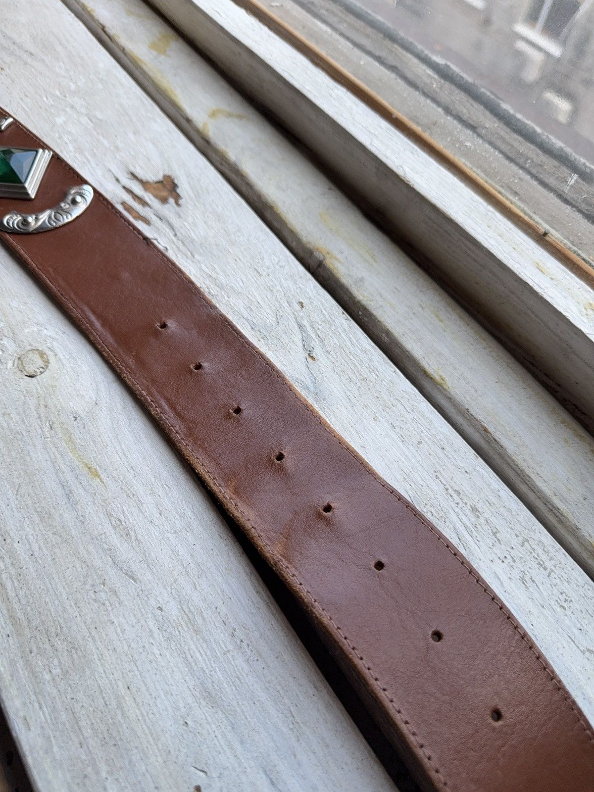 Japanese Brand Western Brown Leather Belt Green Gem Silver Details Size ONE SIZE - 4 Thumbnail