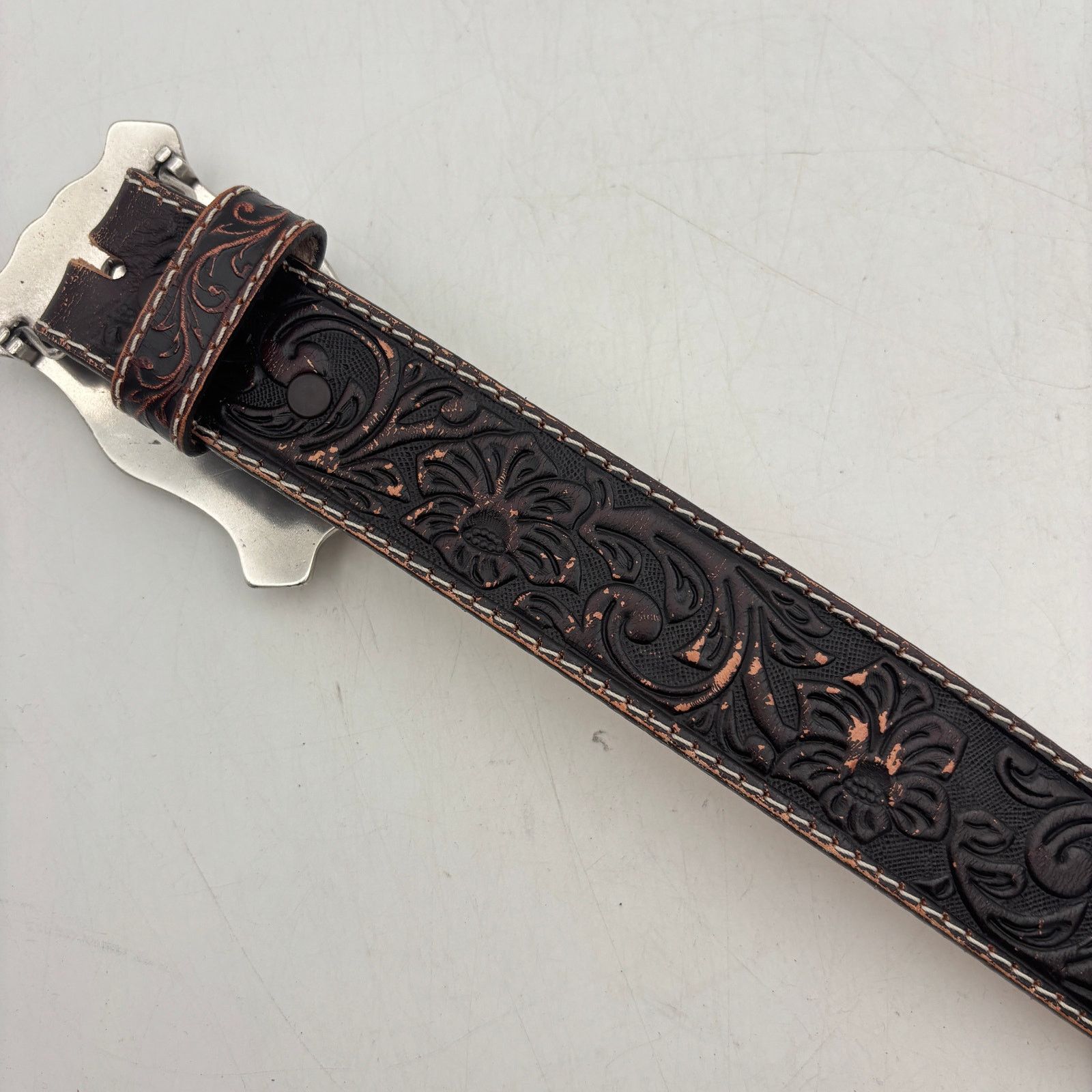 Justin Justin Classic Longhorn Tooled Leather Western Belt USA 36 Size 36 - 10 Thumbnail