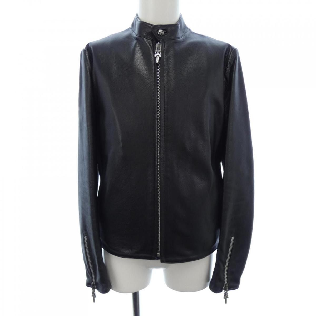 image of Chrome Hearts Leather Racer Jacket in Black, Men's (Size XS)