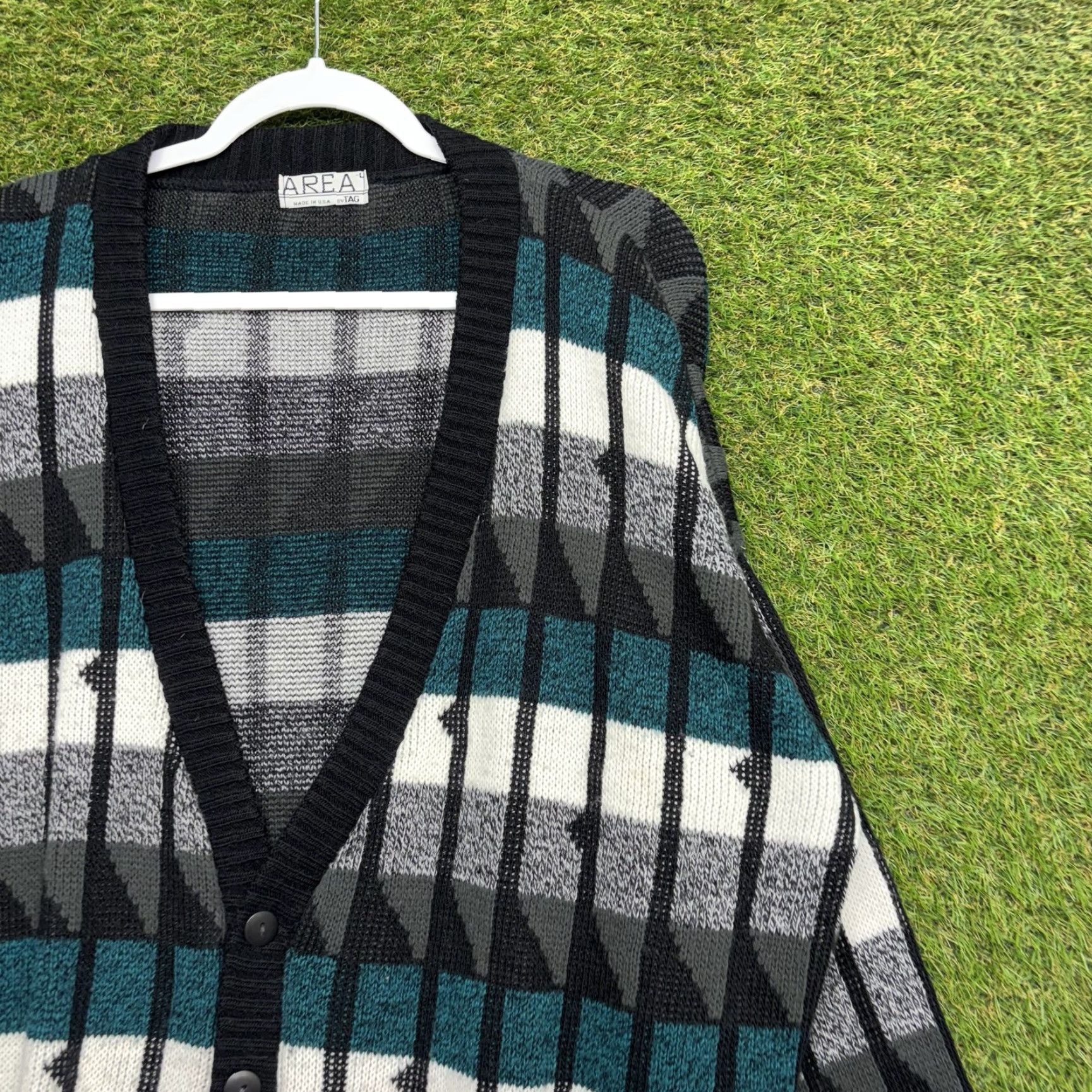 Area VINTAGE AREA4 Cardigan Sweater Mens Large Black Geometric 90s USA Mens Size US L / EU 52-54 / 3 - 2 Thumbnail