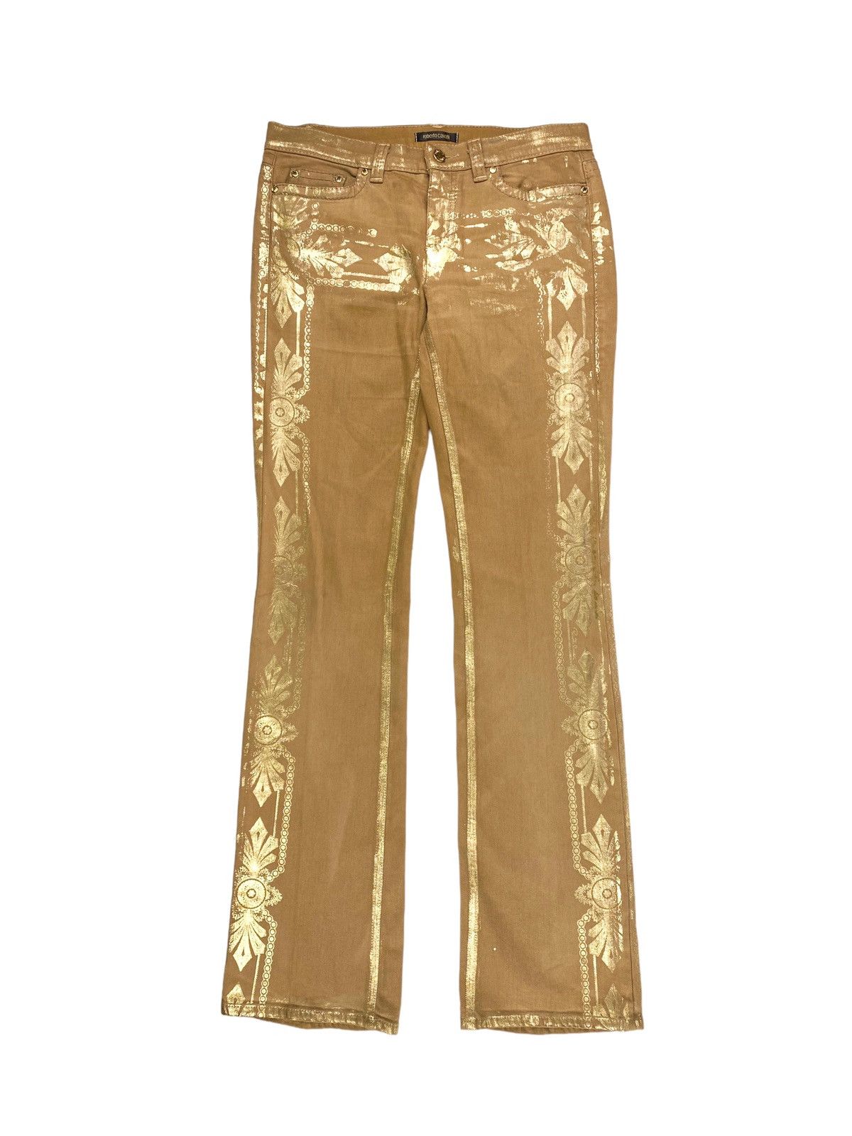 image of Italian Designers x Roberto Cavalli Dress Womens Pants Gold Foil Print Size 44 in Beige