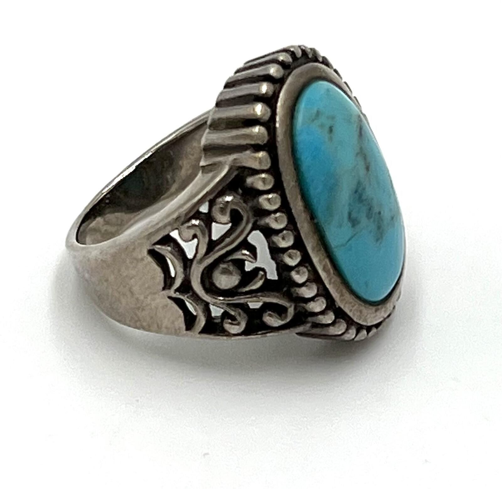 Other 925 Sterling Silver Turquoise Cabuchon Ornate Filigree Ring Size ONE SIZE - 2 Thumbnail