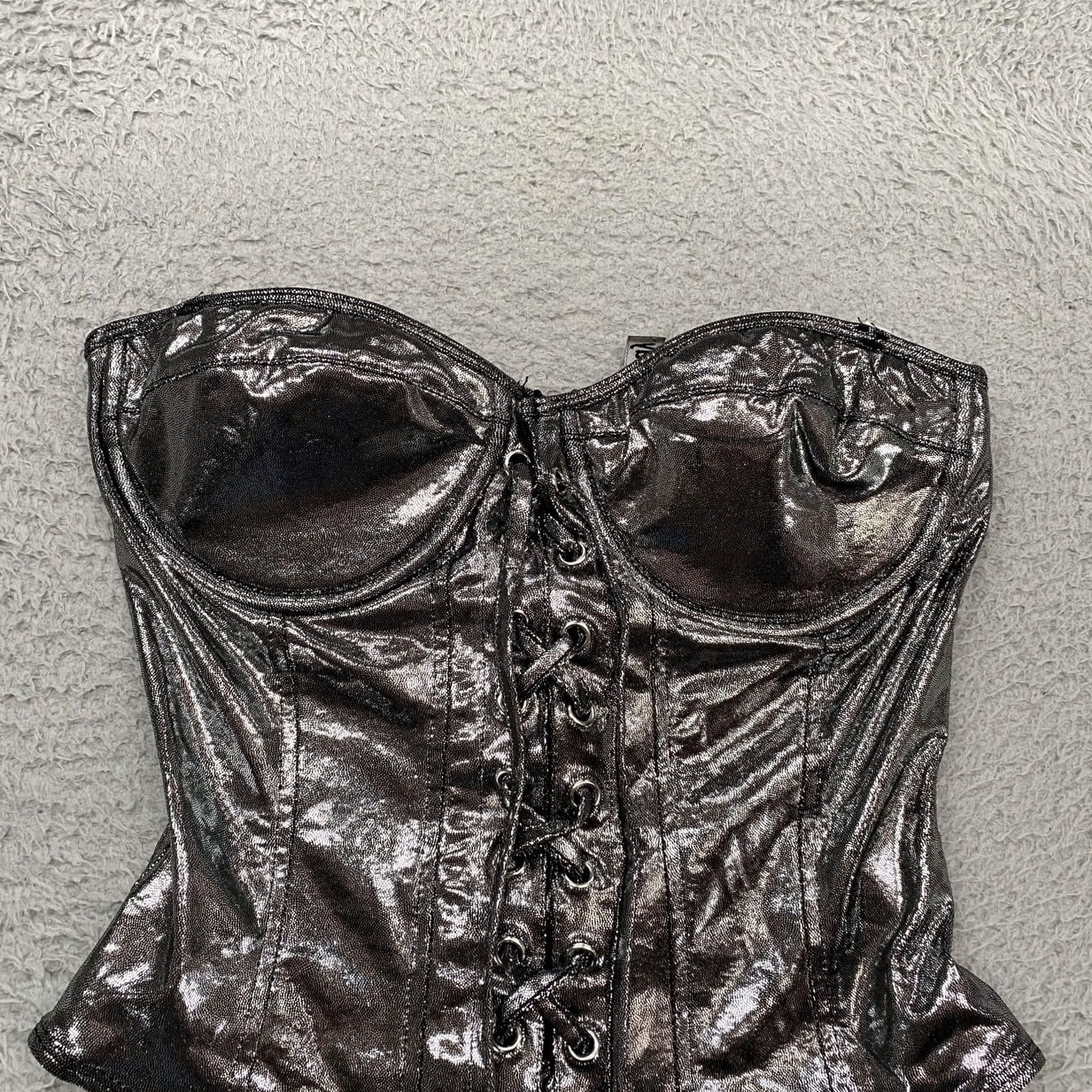Vintage Forplay Bodysuit Womens M/L Metallic Gunmetal Corset Festival Rave Cyber Y2K - Shirt? Size M / US 6-8 / IT 42-44 - 3 Thumbnail
