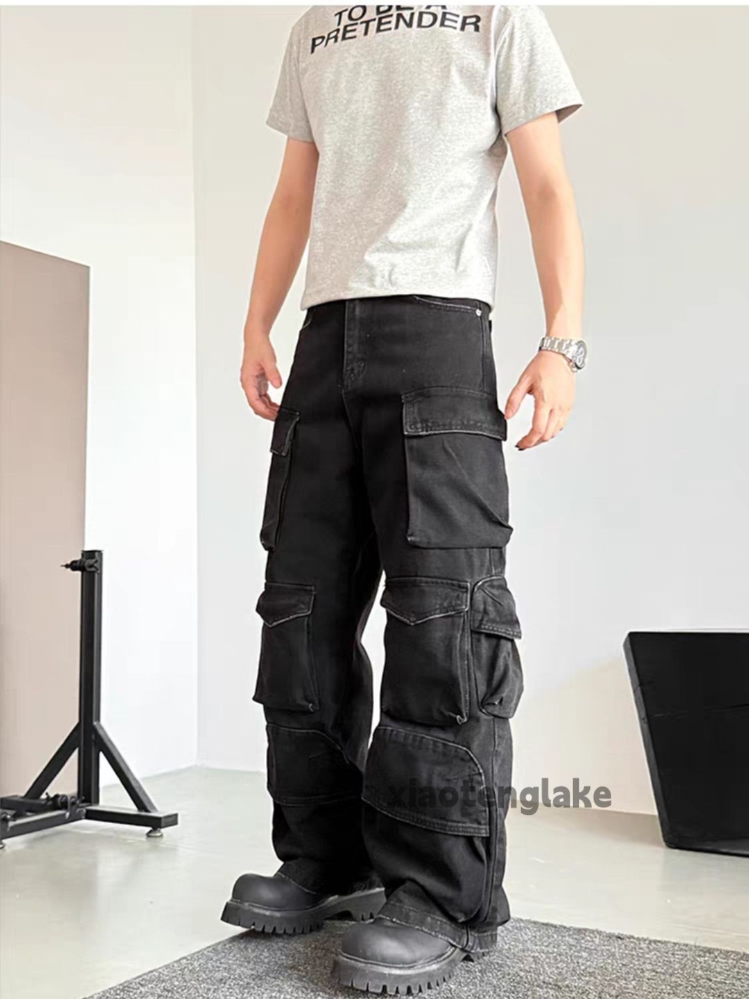 Jean Unisex washed faded loose baggy hiphop cargo jeans Size US 34 / EU 50 - 3 Thumbnail