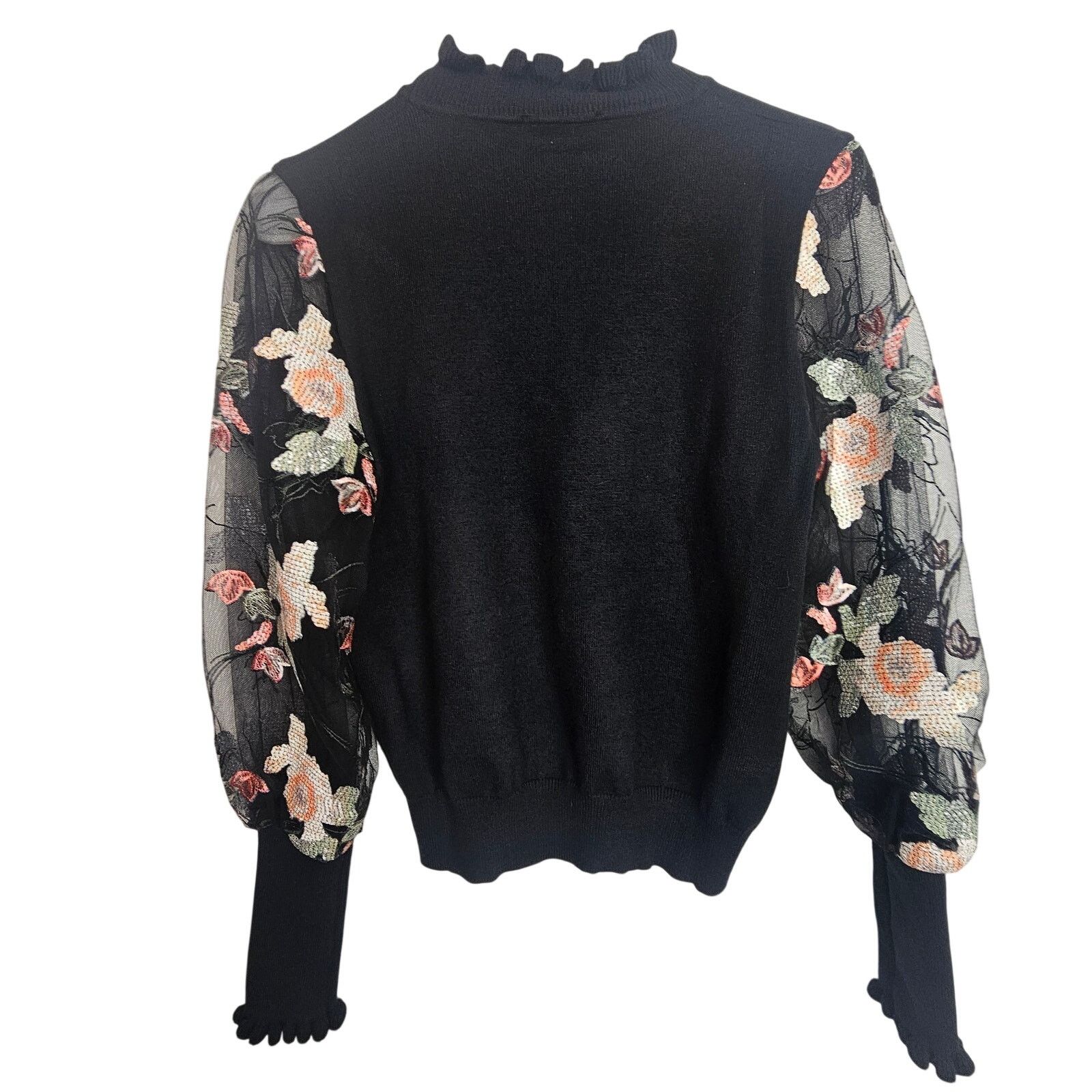 Pedro Garcia Gracia Floral Applique Mesh Sleeves Ruffle Neck Sweater S Size S / US 4 / IT 40 - 8 Thumbnail