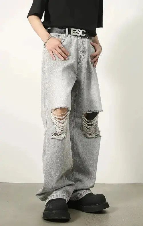 Japanese Brand Distressed Denim Wide Leg Ripped Jeans Size US 32 / EU 48 - 7 Thumbnail