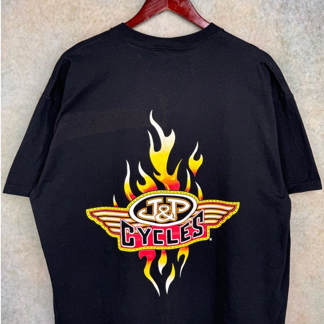 Vintage VTG 90s J&P Motorcycles Flame Biker T Shirt Sz XL Black Size US XL / EU 56 / 4 - 2 Thumbnail