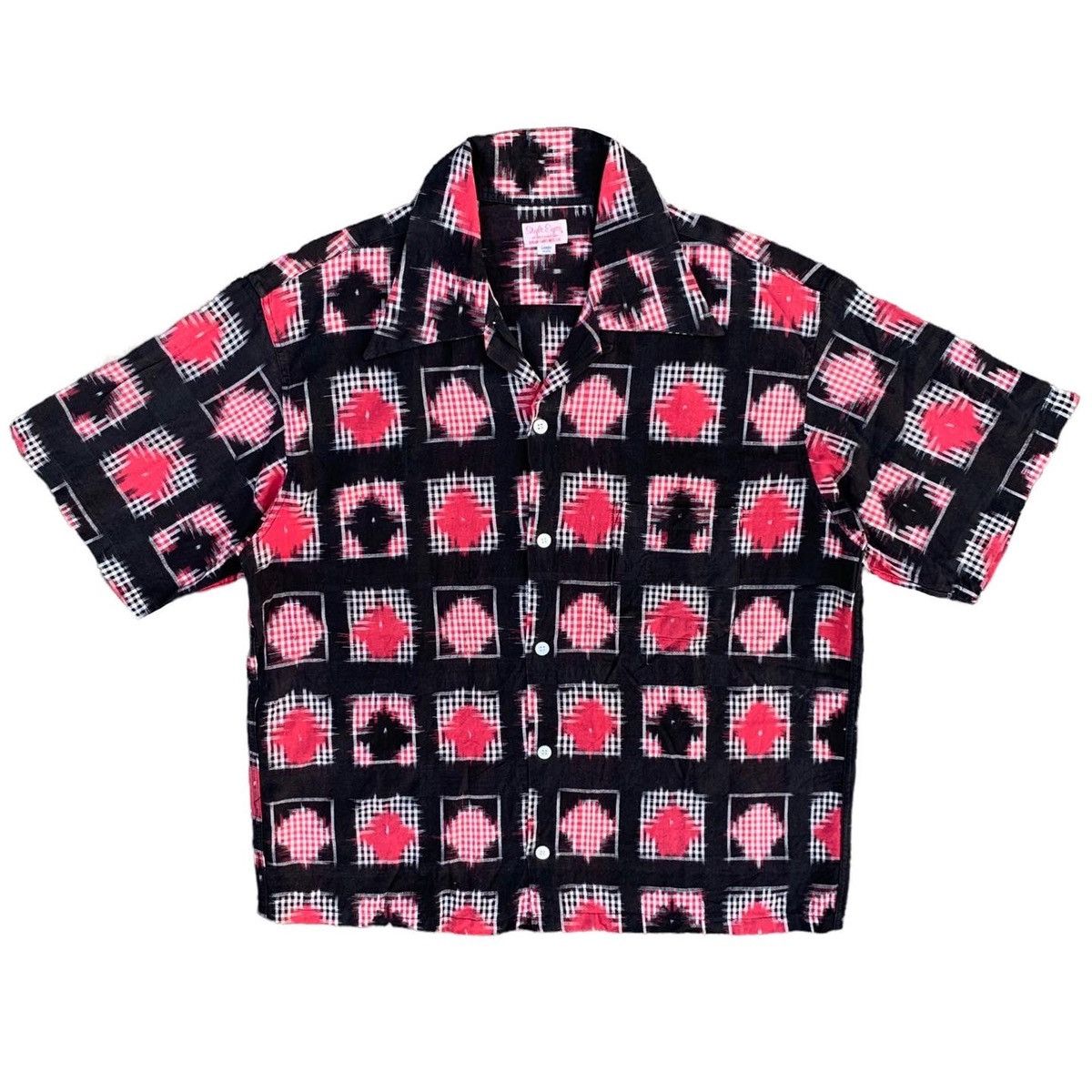 image of Sugar Cane x Toyo Enterprises Style Eyes Sugarcane Patterned Loop Collar Shirt in Black/Red (Size L