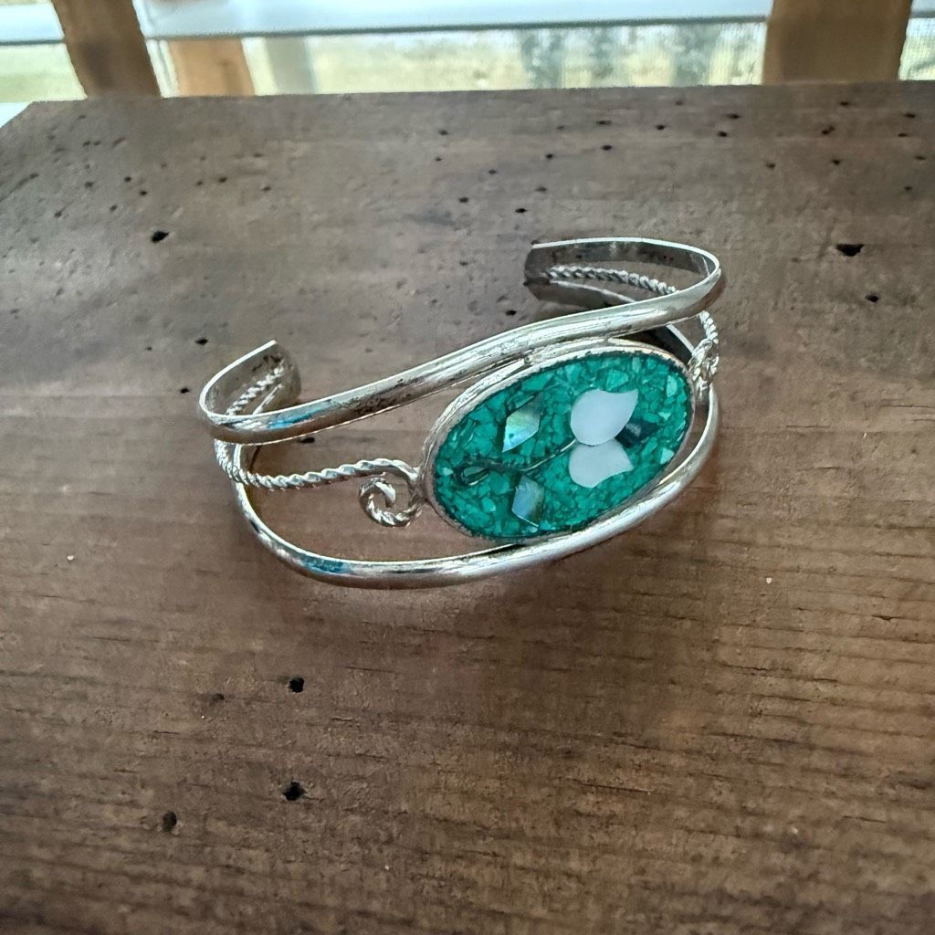 Vintage Vintage Alpaca Mexico Silver Abalone Crushed Turquoise Cuff Size ONE SIZE - 4 Thumbnail