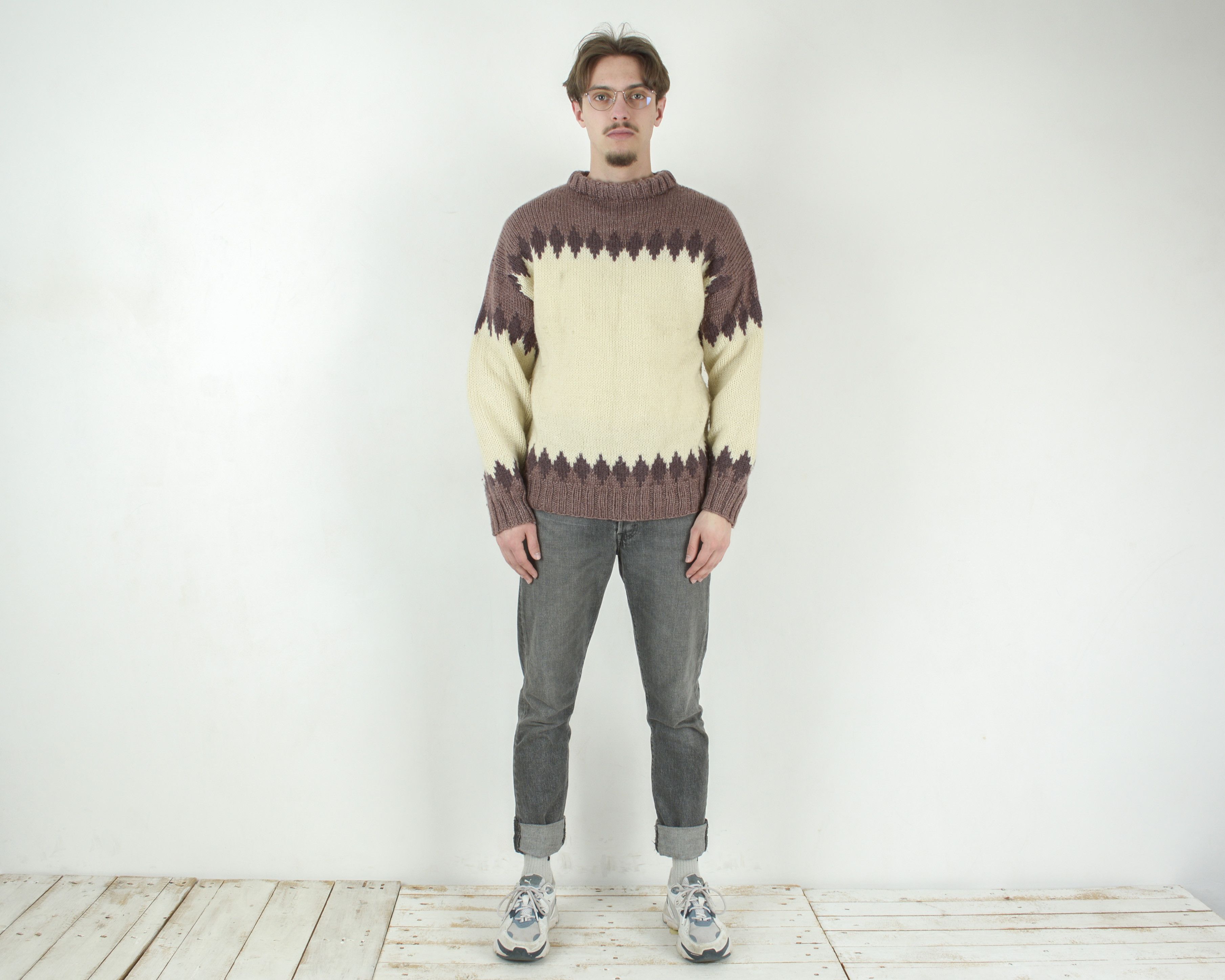 Handmade Mens Wool Sweater Crew Neck Retro Nordic Winter Knit Retro Size US L / EU 52-54 / 3 - 1 Thumbnail