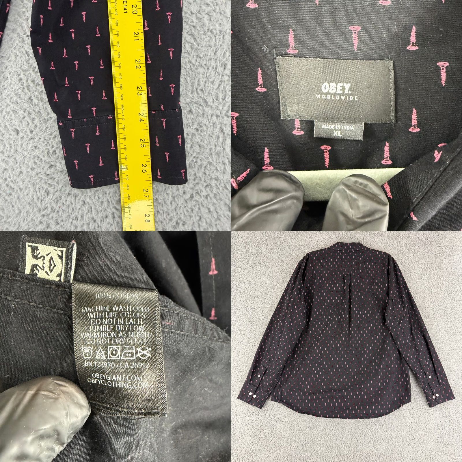 Obey OBEY Button Down Shirt Mens XL Black Pink Screw Print Long Sleeve Streetwear Size US XL / EU 56 / 4 - 8 Thumbnail