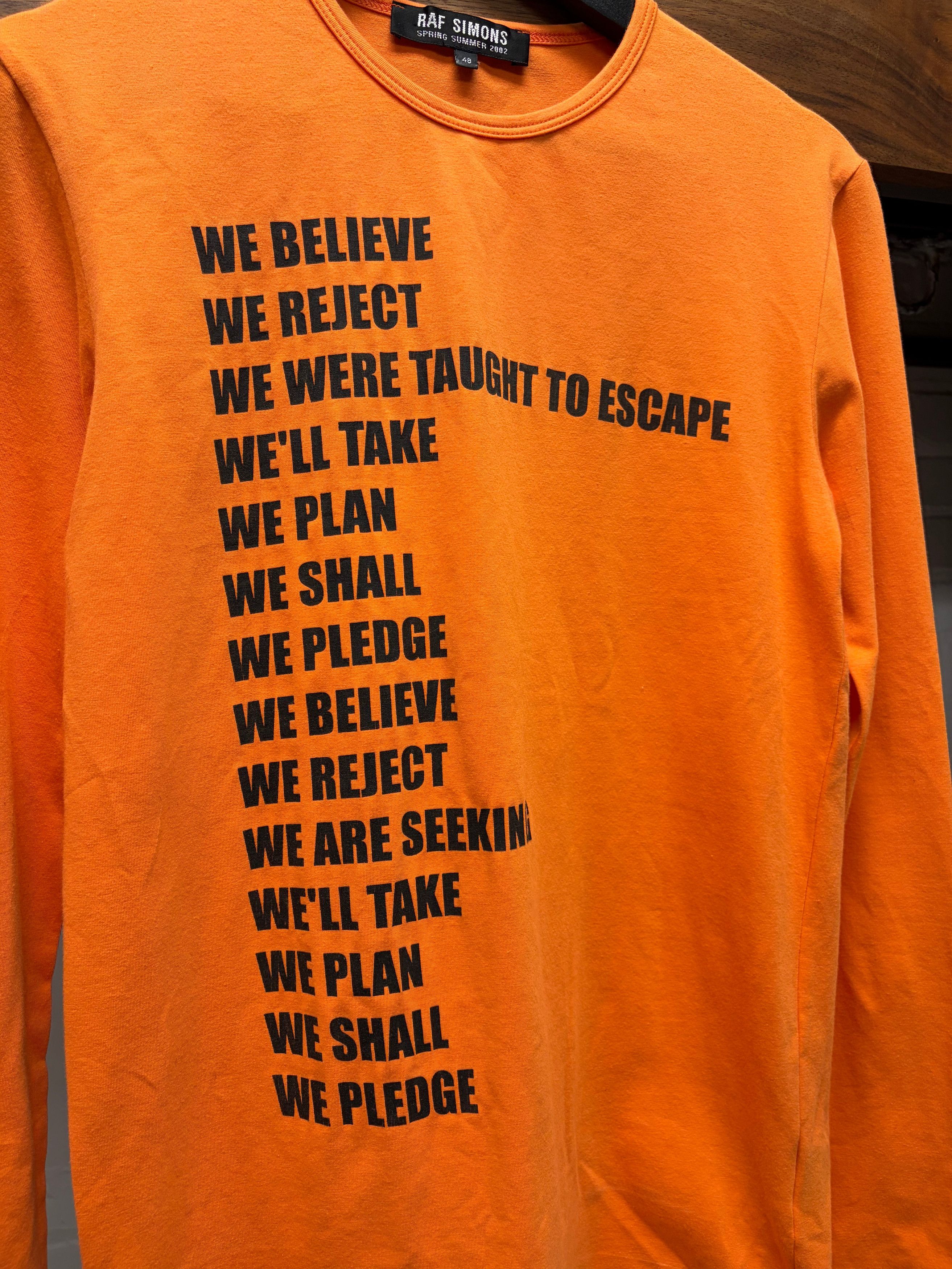 Raf Simons SS2002 Raf Simons ‘Woe Unto Those Who Spit on the Fear Generation’ Orange Long Sleeve Shirt Size US M / EU 48-50 / 2 - 2 Thumbnail