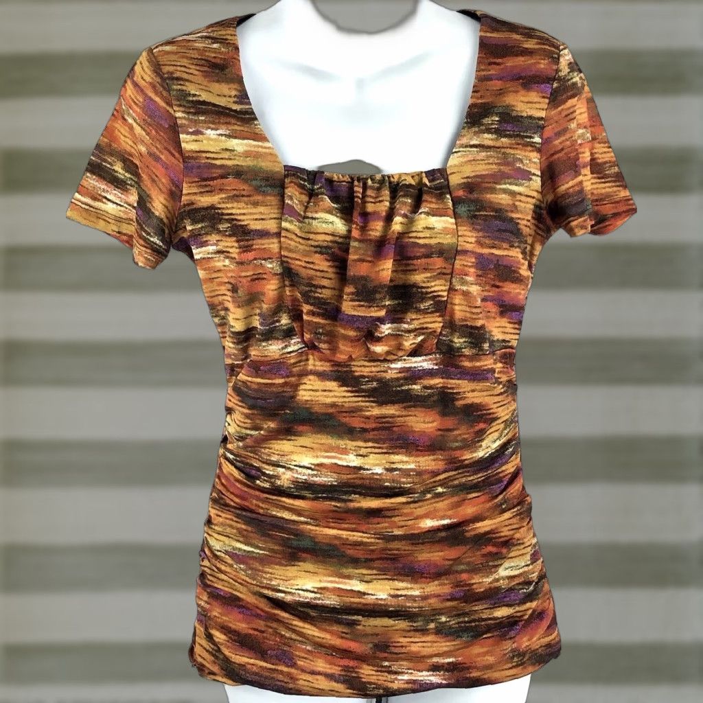 Style & Co Style & Co Top M Multi Retro Grunge Geometric Ruched Square Neck Stretch Blouse Short Sleeve Casual Shirt Womens M Multicolor 70s Colorful Size M / US 6-8 / IT 42-44 - 1 Thumbnail