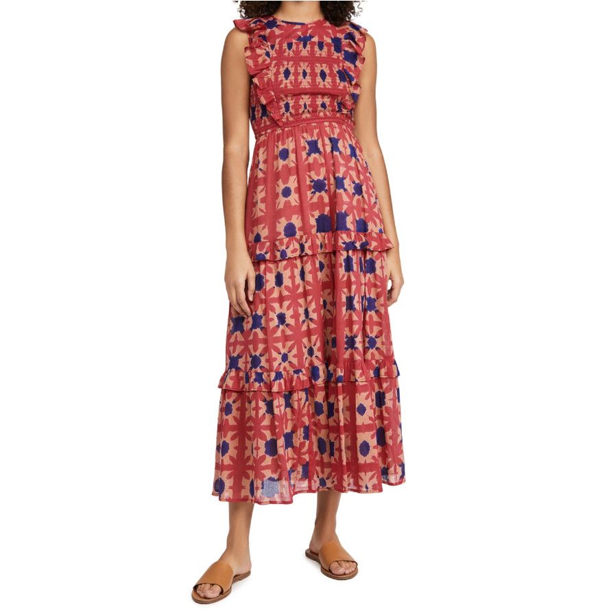 image of Banjanan Iris Smocked Printed Cotton Midi Dress in Red, Women's (Size XS)