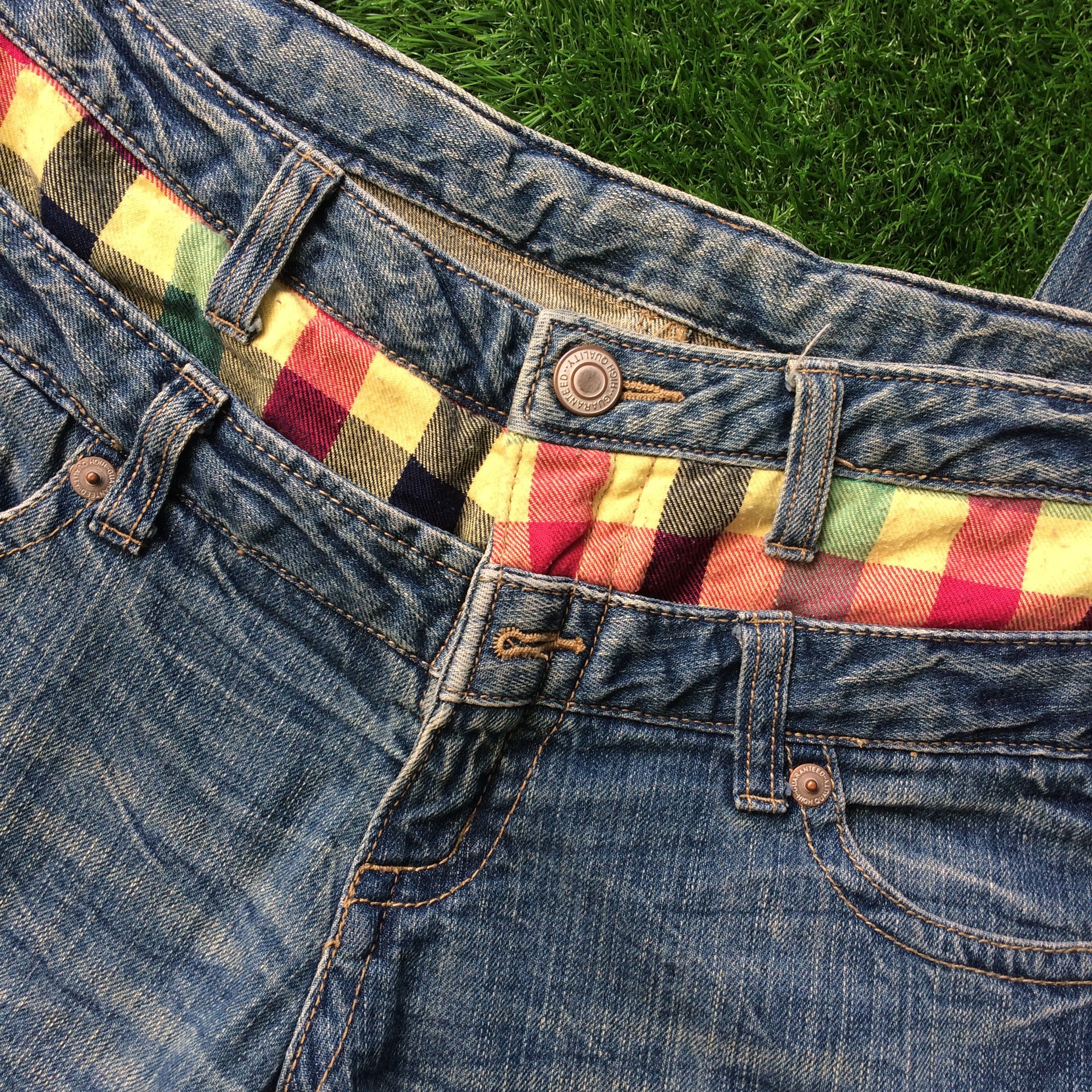 Japanese Brand × Vintage Vtg Distressed Double Waist Checkered Denim Jeans D-689 Size US 31 - 5 Thumbnail