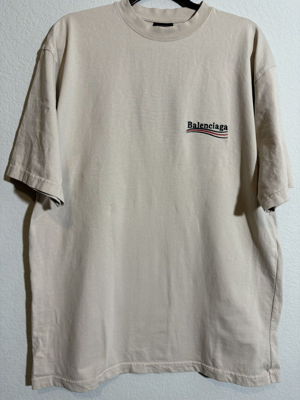 image of Balenciaga Campaign Logo Embroidered T-Shirt in Cream, Men's (Size Small)