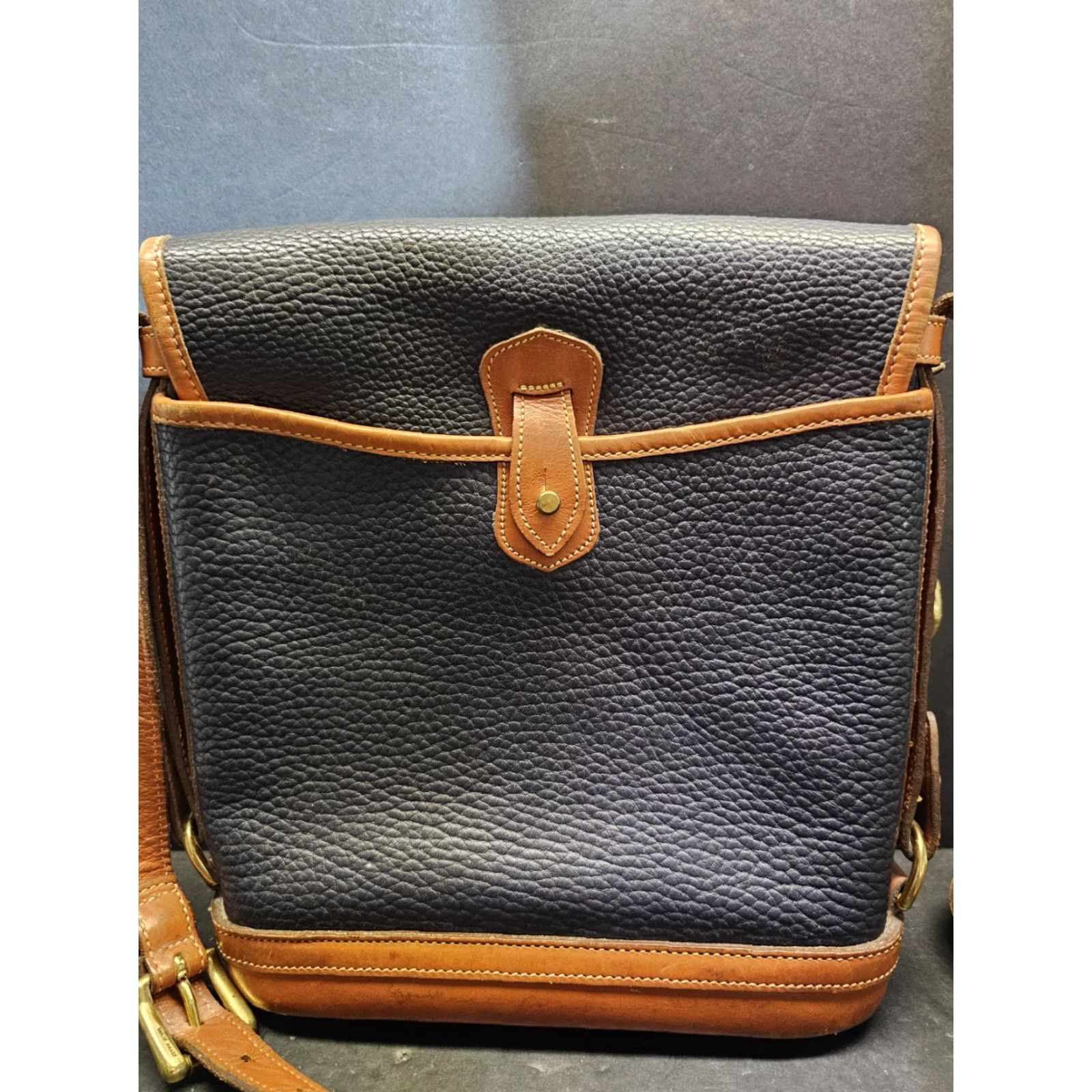 Dooney & Bourke VINTAGE Dooney & Bourke All Weather Leather Pebbled Finish Spectator Bag Navy Blue Bucket Bag Women Medium Brown Leather Strap 11" Gold Hardware Size ONE SIZE - 5 Thumbnail