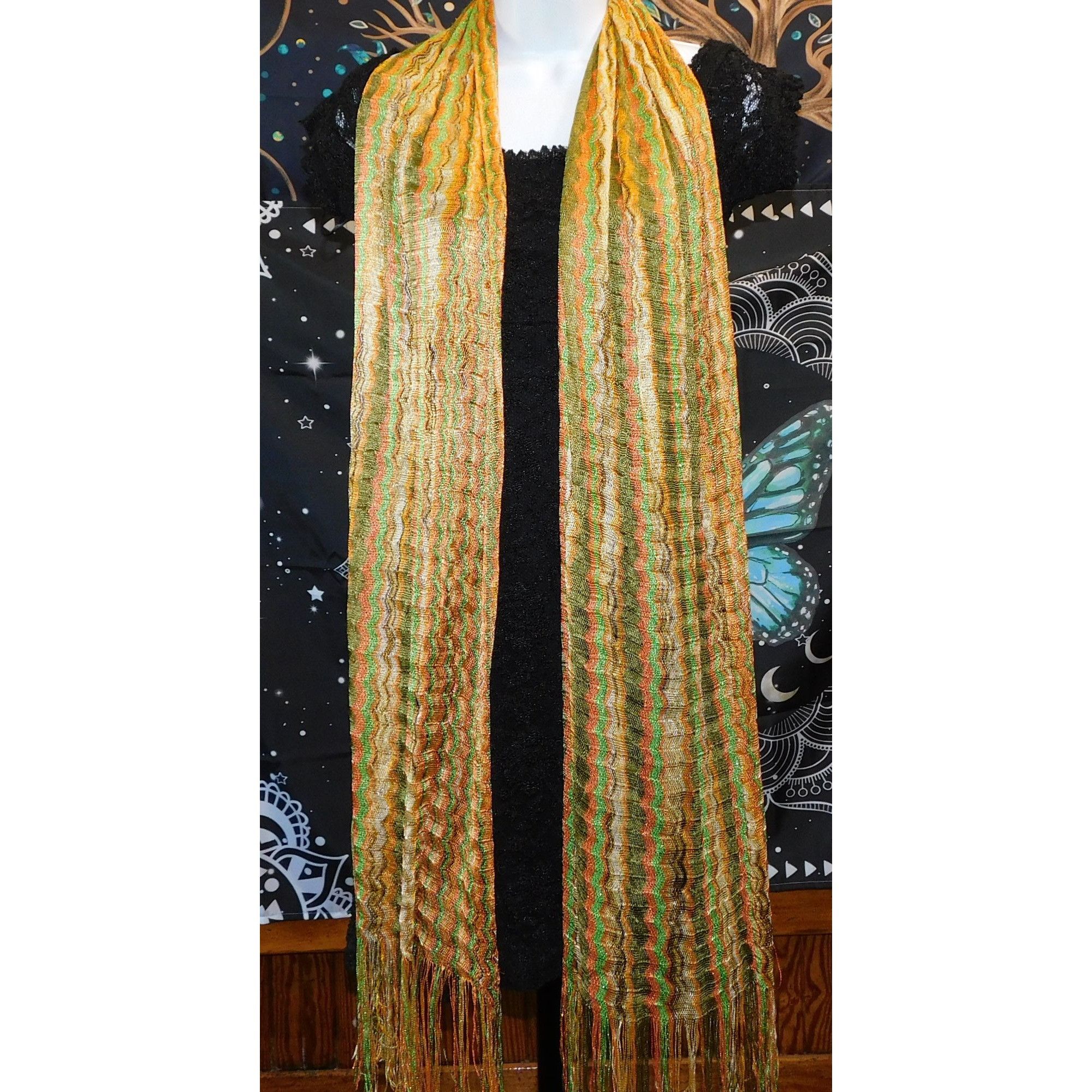 Other Vintage 70S Wavy Striped Gold & Green Metallic Scarf With 6" Size ONE SIZE - 5 Thumbnail