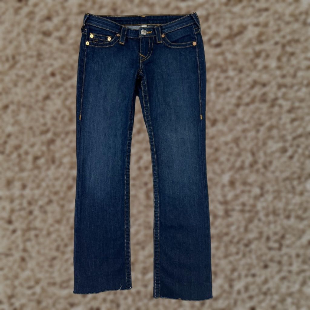 True Religion Jeans Women 27 Blue Denim Straight 5-Pocket Distressed Cotton Denim Pants Adult Regular Blue 27 Inseam 28