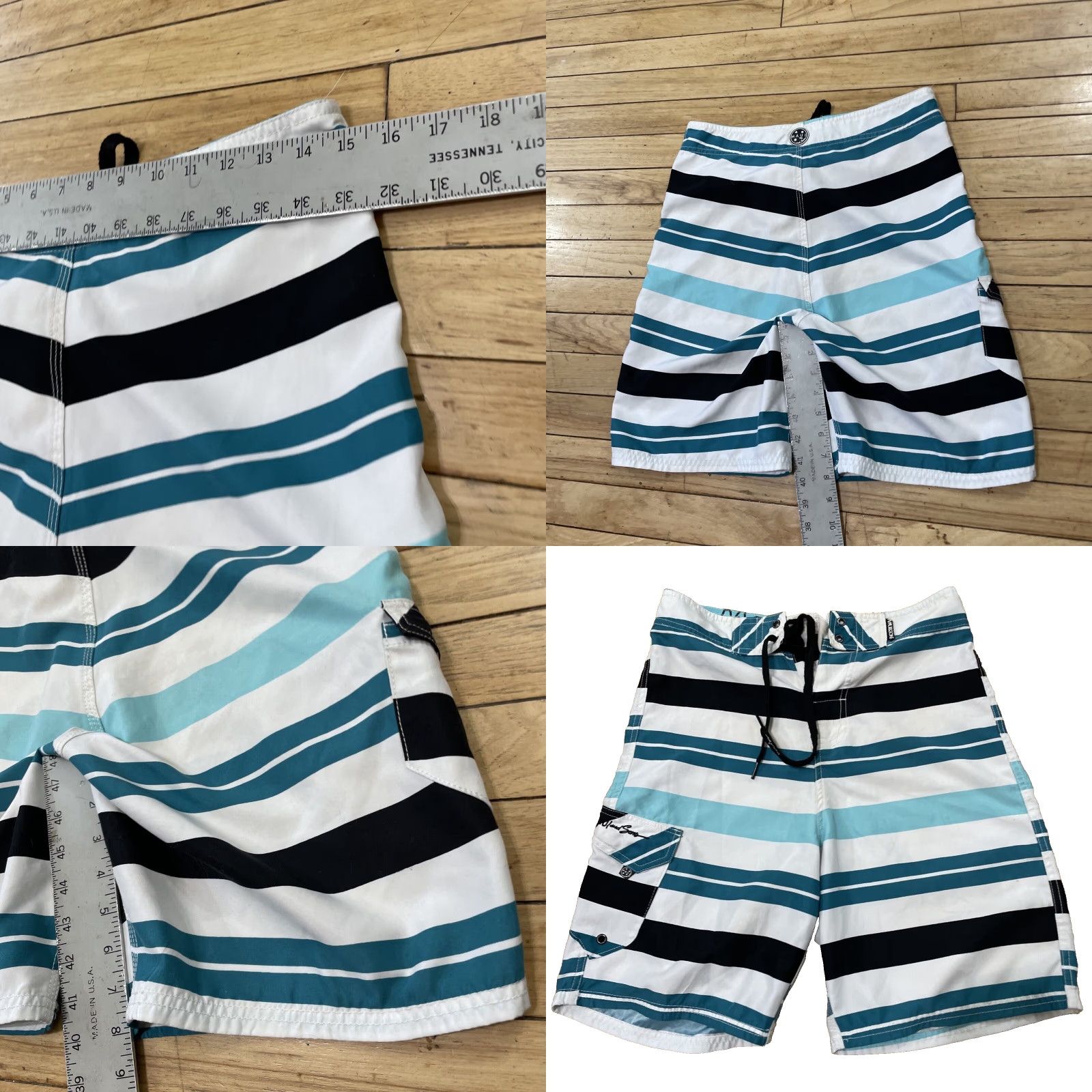 AQUA VINTAGE Maui and Sons Swim Trunks Mens 30 Teal Blue Aqua White Striped Surf Board Shorts Size US 30 / EU 46 - 8 Thumbnail
