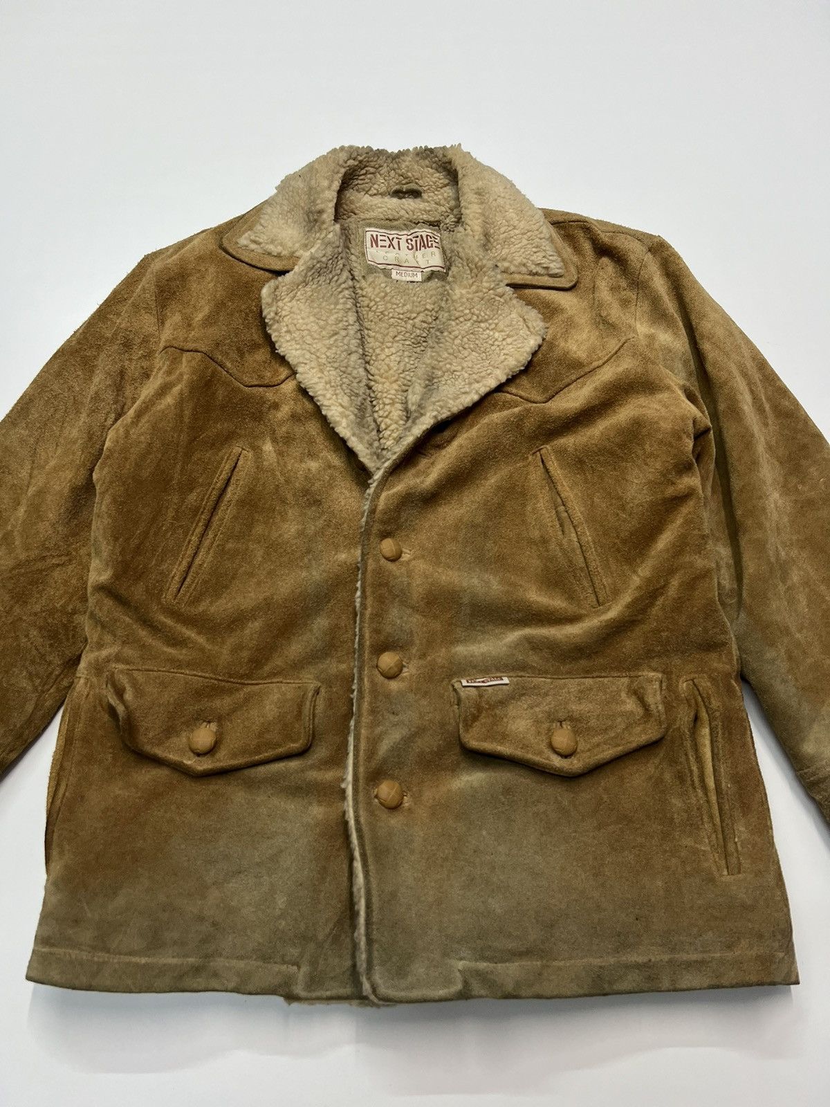 image of Leather Jacket x Vintage Next Stage Leather Craft Shearling Jacket in Beige Suede (Size Medium)