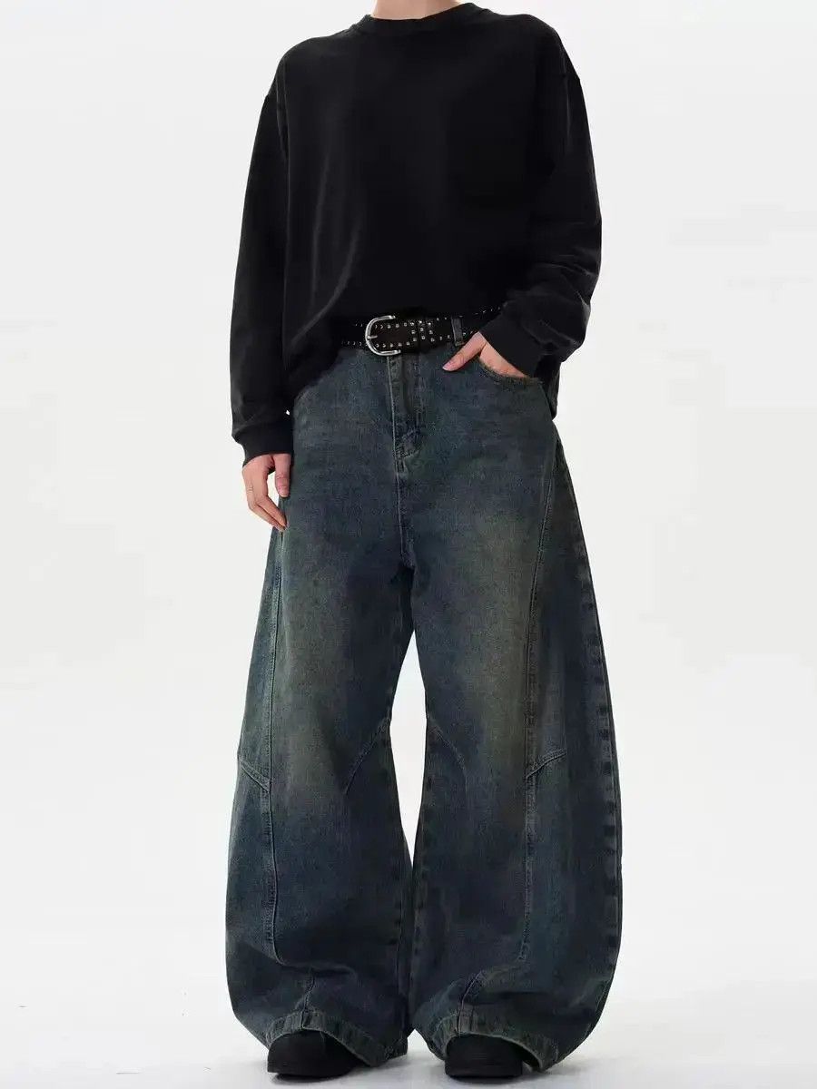 Japanese Brand Vintage deconstructed washed scimitar baggy wide leg jeans Size US 33 - 2 Thumbnail