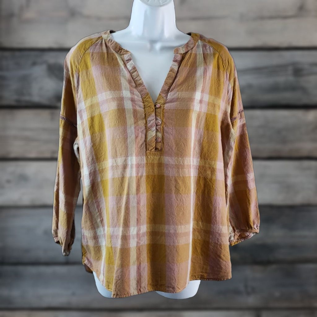 Prana prAna Elena Top 3/4 Sleeve Blouse Womens M Pink Plaid Casual Shirt Size M / US 6-8 / IT 42-44 - 1 Thumbnail