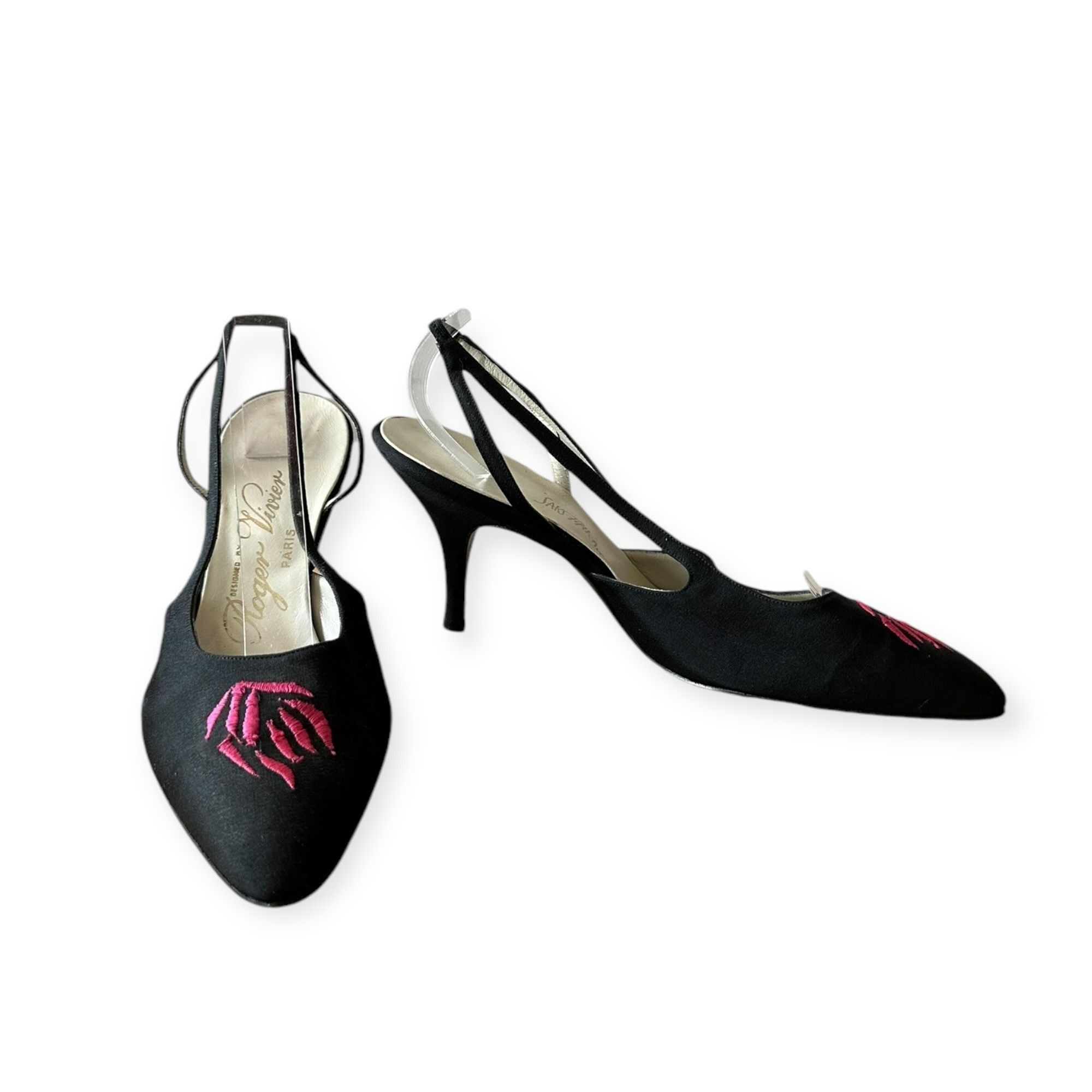 Roger Vivier × Vintage Roger Vivier Black Fabric Embroidered Sling Back Pumps, Vint Size US 7.5 / IT 37.5 - 2 Thumbnail