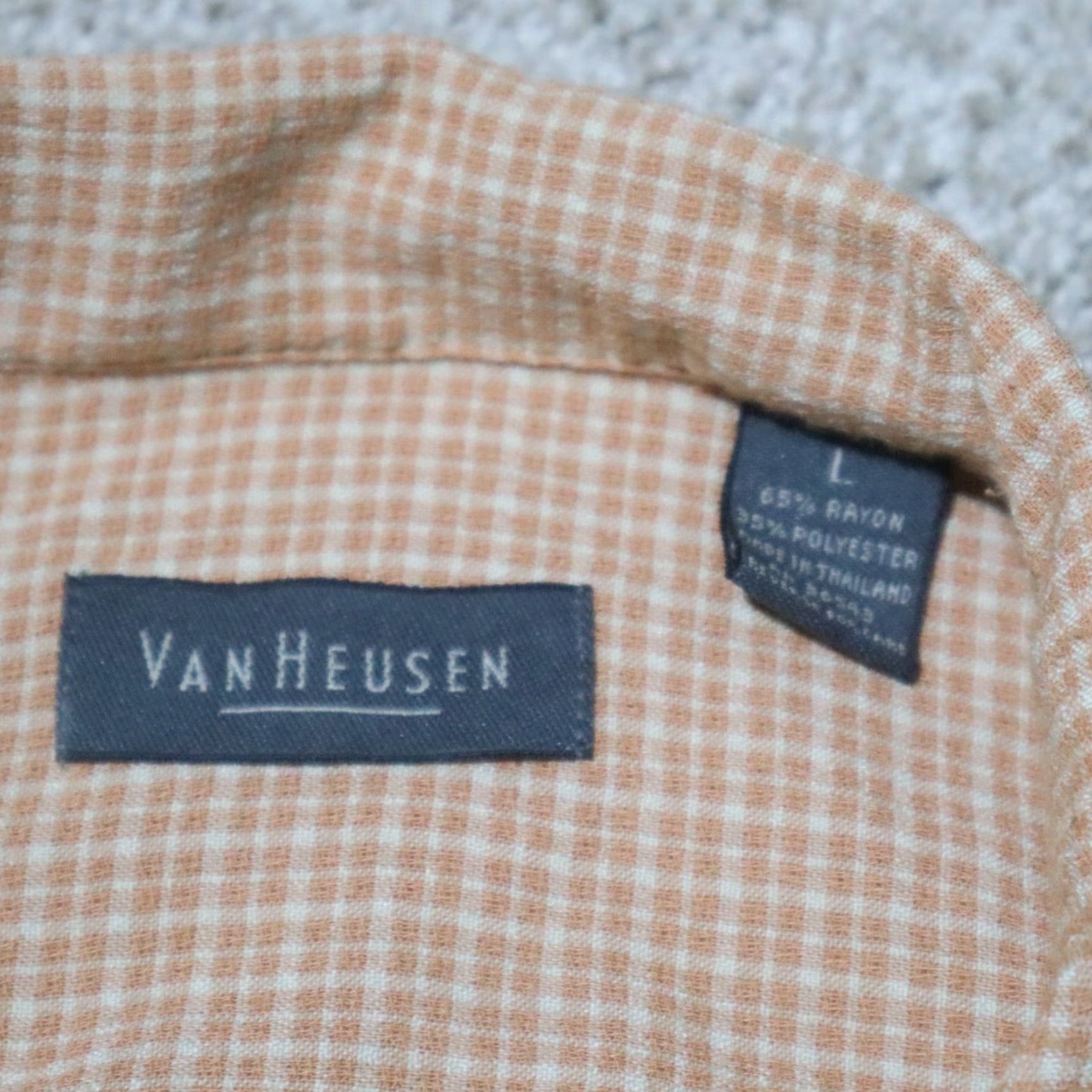 Van Heusen Van Heusen Shirt Short Sleeve Button Up Orange Coral Checked Rayon Men's L Large Size US 33 - 2 Thumbnail