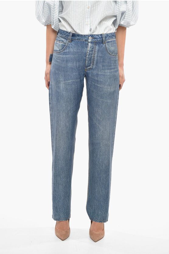 image of Bottega Veneta Crepe Denim Effect Pants in Blue, Women's (Size 26)